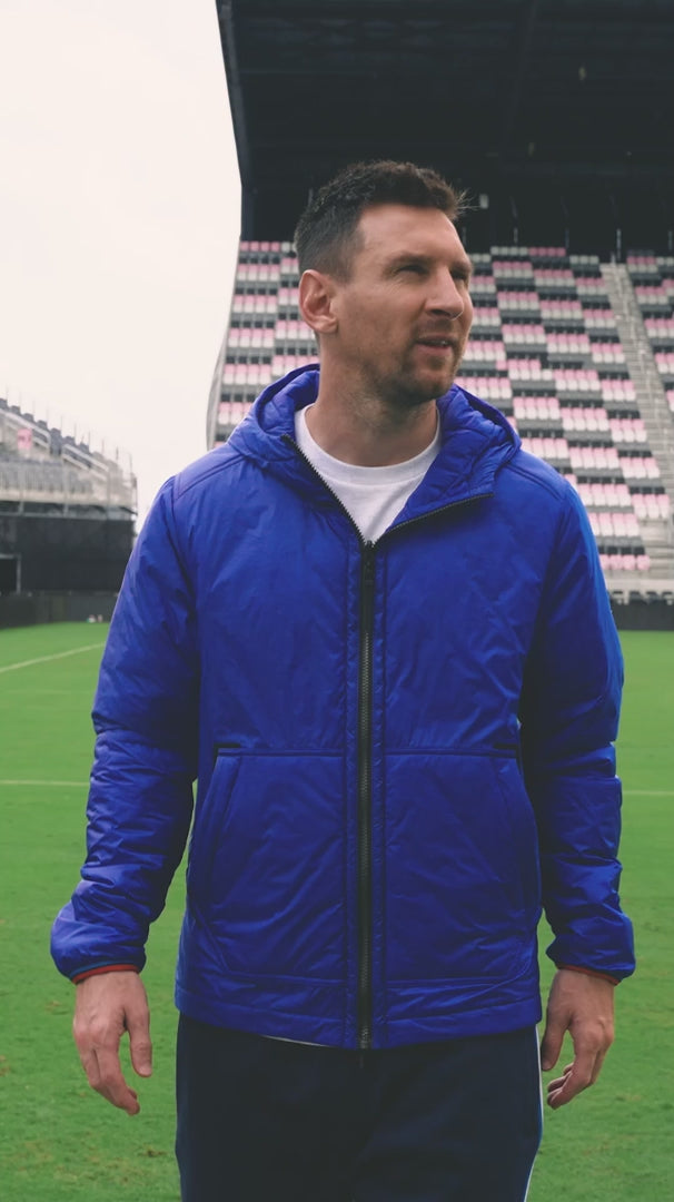 Leo Messi looking great wearing The Reversible Stadium Jacket at the DRV PNK Stadium.