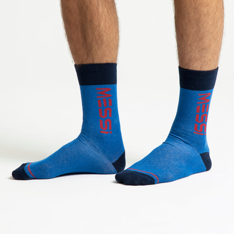 Calcetines Messi clásicos azules y logo en rojo